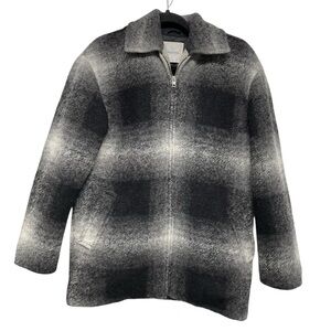 Wilfred Aritzia Lyon Black and Gray Plaid Wool Alpaca Full Zip Hoodless Jacket